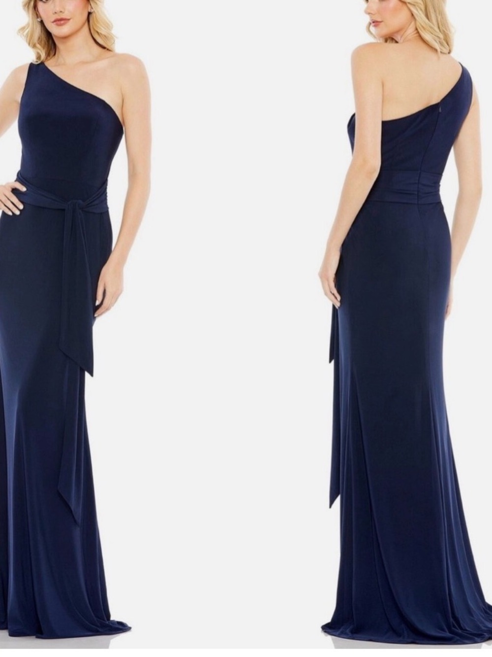 Mac Duggal Navy One-Shoulder Evening Gown with Waist Tie